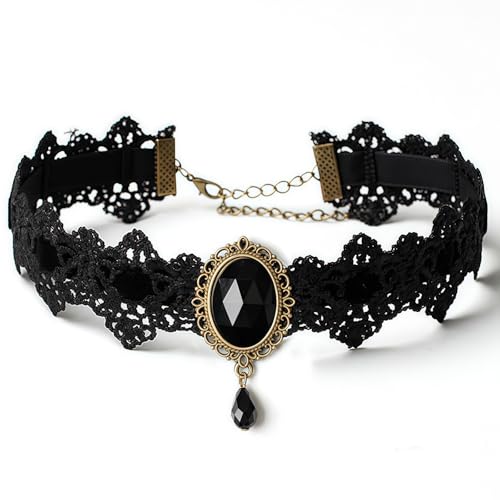 Qceasiy Gothic Black Necklace for Women, Adjustable Victorian Velvet Lace Collar, Halloween Party Cosplay Jewelry Gift - style: Black Gem Lace