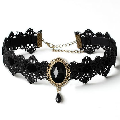 Qceasiy Gothic Black Necklace for Women, Adjustable Victorian Velvet Lace Collar, Halloween Party Cosplay Jewelry Gift - style: Black Gem Lace