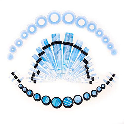 50 PCS Ear Stretching Kit 14Gauges-00Gauges Earring Marble Acrylic Taper Piercing Jewlery Sets - color: Blue