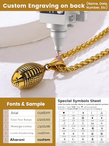 GOLDCHIC JEWELRY Sport Necklaces for Men Teen, Football Baseball Soccer Basketball Softball Necklaces with Stainless Steel Chain Athlete Jewelry Sports Fan Gift - color: American Football Pendant-Gold, style: Personalised Engraving