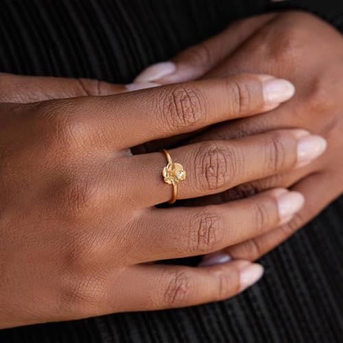 Birth Flower Stacking Ring for Women | 14K Gold Plated Brass, 12 Engraved Floral Motifs, Slim Stack-Ready Band, Available in US Sizes 5-9 - style: Feb.-Violet