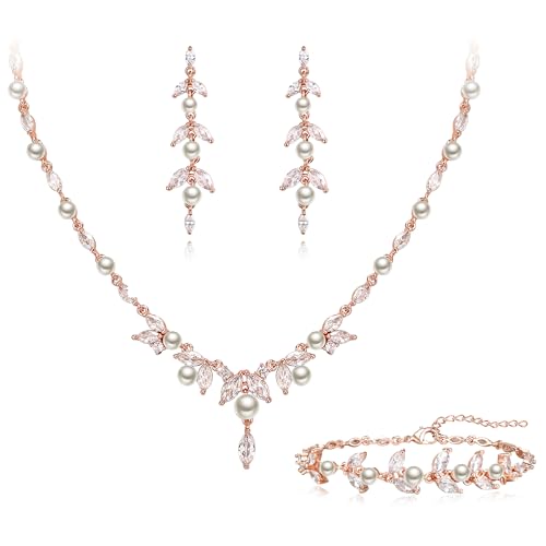 EleQueen Women's Simulated Pearl Wedding Jewelry Set for Brides | Cubic Zirconia Necklace Earrings Bracelet Set for Brides Bridesmaids, Bridal Jewelry Set for Anniversary/Memorial Day - style: Pearl Jewelry Set Rose Gold-Tone