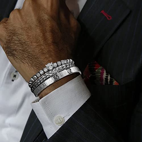3pcs/set Classical Handmade Braiding Bracelet Hip Hop Men Pave CZ Leopard Head Roman Numeral Bracelet Stainless Steel Jewelry - color: 3pcs A Silver Set B