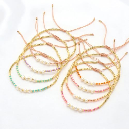 Colorful Stackable Rice Small Mini Seed Beaded Bracelets Set For Women, Handmade Dainty Boho Gold Glass Stretch Accessories Jewelry,Summer Beach Party Daily Friendship Gift - color: 8Pcs Pearl Adjustable