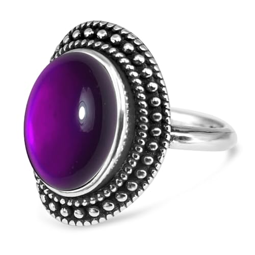 Natural Oval Stone Boho Ring,Retro Antique S925 Sterling Silver Crystal Quartz Gemstone Bohemian Statement Handmade Ring Jewelry for Women Her - color: B02_Uruguay Amethyst