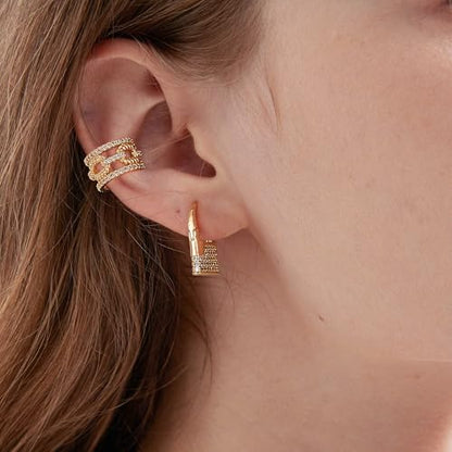Gold Ear Cuff Earring for Women 14K Gold Plated Cubic Zirconia Non-Pierced Clip on Cartilage Chunky Ear Cuffs Hypoallergenic Jewelry - style: chain