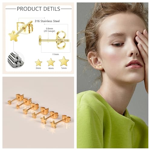Screw on Earring Backs for Women,Hypoallergenic Surgical Steel Stud Earrings Ball Star Circle Simple Geometric Cartilage Helix Flat Back Piercing Earrings - color: 3Pairs,Gold,Star(3-5mm)