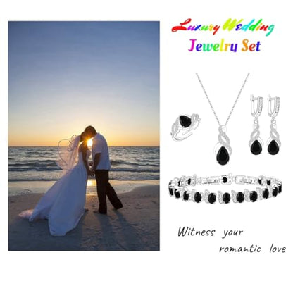 LMXXVJ Jewelry Set for Women,Teardrop Cubic Zirconia Necklace Earrings Adjustable Ring Bracelet Jewelry Set Formal Jewelry Gift - color: MHSD-White Gold-Black
