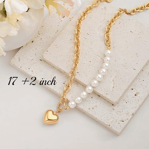 18k Gold Plated Chain Link Necklace for Women, Baroque Pearl/Compass Pendant Necklace - color: Half Pearl