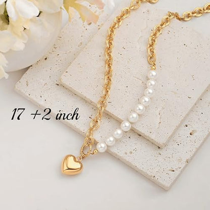 18k Gold Plated Chain Link Necklace for Women, Baroque Pearl/Compass Pendant Necklace - color: Half Pearl