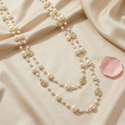 Long Pearl Necklace for Women, Layered Faux Pearl Station Necklace, Gold Tone Double Strand for Wedding Guest Looks and Evening Styling - color: Golden Hollow-out Rose