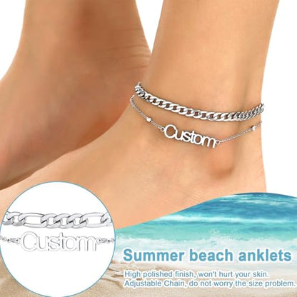 U7 Custom Layered Ankle Bracelets for Women Stainless Steel Bead/Cuban/Figaro/Rope/Wheat Chain Anklet Waterproof Anklet Jewelry for Beach Vacation - color: b-Silver-Cuban Chain