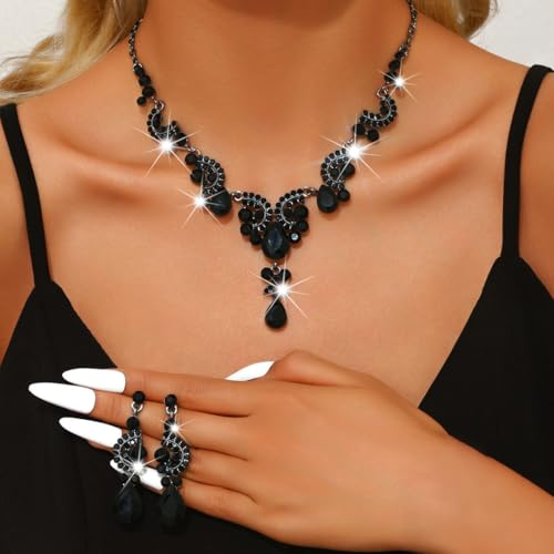 Sixexey Rhinestone Jewelry Set Crystal Necklace and Earrings Wedding Prom Jewelry Accessories for Women - color: Black