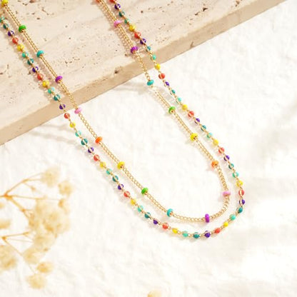 MTMY Beaded Necklaces for Women 14K Gold Plated Dainty Colorful Green/Rose Beaded Pearl Choker Necklace Delicate Boho Choker Necklace Jewelry Gift - style: Layer-colorful beads