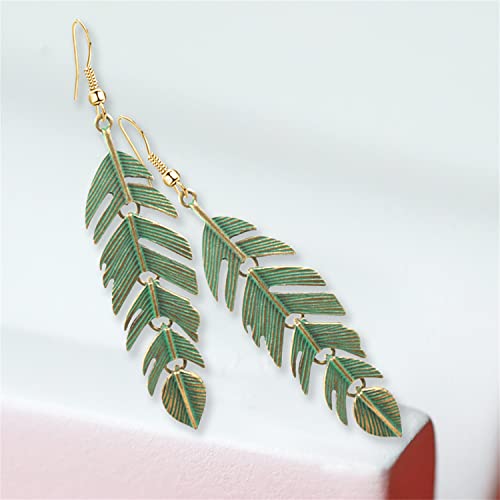 Handmade Boho Vintage Green Bronze Lightweight Statement Leaves Earrings with Detailed Texture Drop Dangle Earring for Women Floating Feathers Chain Earrings Jewelry Gifts