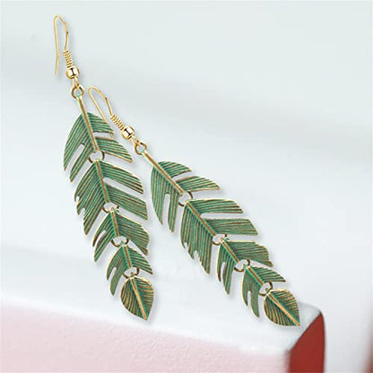 Handmade Boho Vintage Green Bronze Lightweight Statement Leaves Earrings with Detailed Texture Drop Dangle Earring for Women Floating Feathers Chain Earrings Jewelry Gifts
