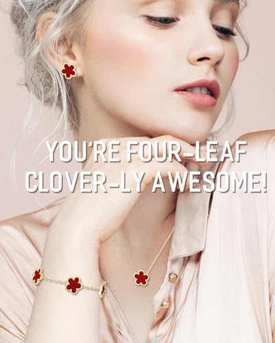 AICase Clover Jewelry Set,18K Gold Plated Lucky Clover Bracelet,Four Leaf Clover Necklace and Clover Earrings Fashion Jewelry Sets Gifts for Women/Mon - color: Red