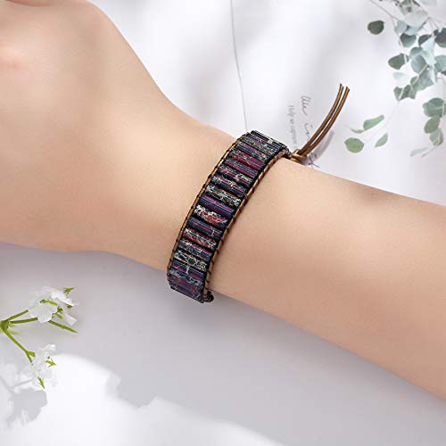 Plumiss Women Boho Handmade Natural Stone Crystal Leather Bead Wrap Bracelets Collection - style: Purple Jasper 1W