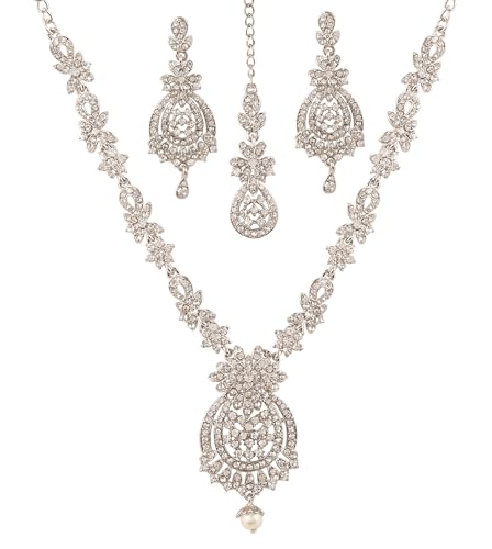 Touchstone Indian jewelry sets for women maang tikka wedding guest gold necklace bollywood jewellery set pageant elegant prom bride accessories western crystal chunky rhinestone necklaces - color: 1 7 Clear white in white plating