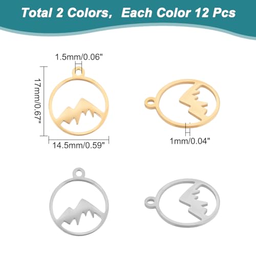 UNICRAFTALE Mountain Charms Flat Round with Mountain Dangle Pendants Stainless Steel Pendants Hypoallergenic Hollow Charms for Outdoor Lovers Hikers Skiers Climbers - style: Round Mountain