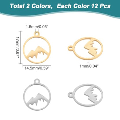 UNICRAFTALE Mountain Charms Flat Round with Mountain Dangle Pendants Stainless Steel Pendants Hypoallergenic Hollow Charms for Outdoor Lovers Hikers Skiers Climbers - style: Round Mountain