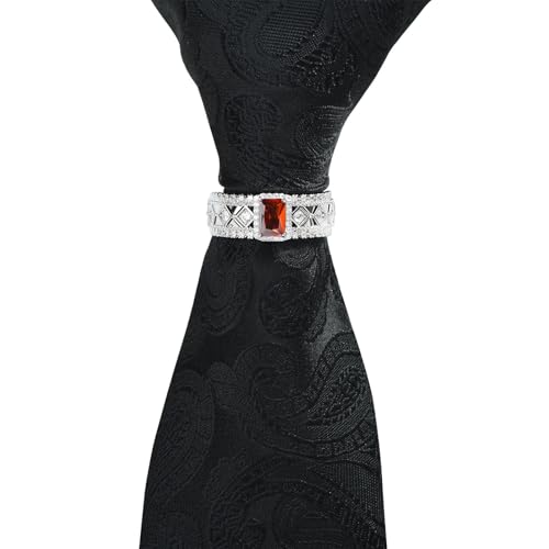 Sparkling Crystal Men's Neck Tie Ring Tie Clasp Necktie Clips Holder Tie Accessories with Box for Wedding Jewelry Gift - style: Silver Clips with OrangeRed Square CZ