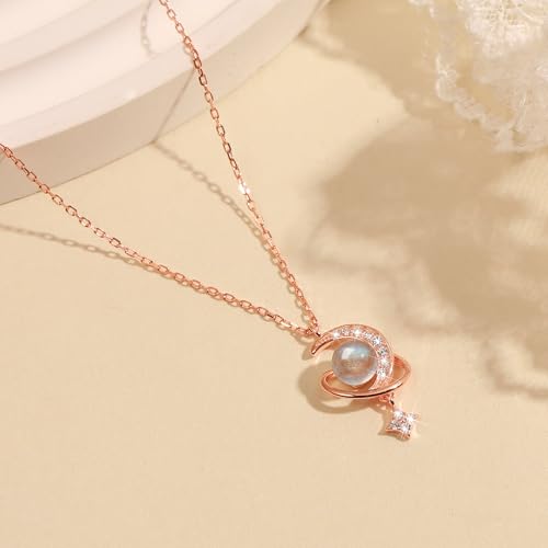925 Sterling Silver Crescent Necklace Moon Star Pendant for Women | 14K Gold Plated Crystal Moon Necklace Dainty CZ Birthstone Ramadan Moonstone Necklace Birthday Jewelry for Mom Wife Daughter - color: Rose Gold