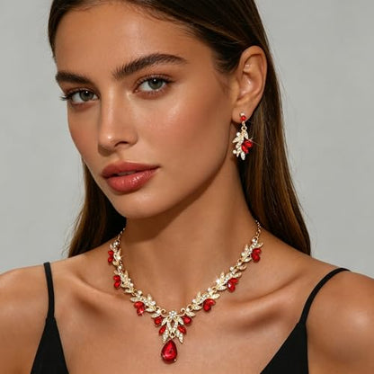 CJIAYUJEW Cubic Zirconia Wedding Jewelry Sets for Bride Bridesmaid Cluster Crystal Teardrop Pendants Jewelry Set Necklace Earring for Brides Bridesmaid for Wedding Party - color: Red