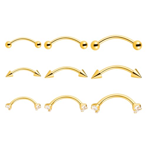 Eyebrow Piercing Jewelry, 9 Pcs Gold Jewelry Surgical Steel Curved Barbell Eyebrow Rings for Women Men CZ Tiny Labret Lip Navel Belly Button Helix Conch Daith Piercing 6mm/8mm/10mm
