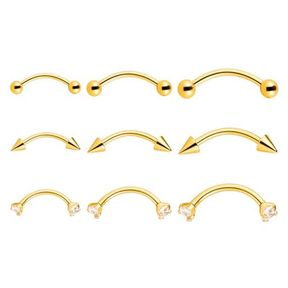 Eyebrow Piercing Jewelry, 9 Pcs Gold Jewelry Surgical Steel Curved Barbell Eyebrow Rings for Women Men CZ Tiny Labret Lip Navel Belly Button Helix Conch Daith Piercing 6mm/8mm/10mm