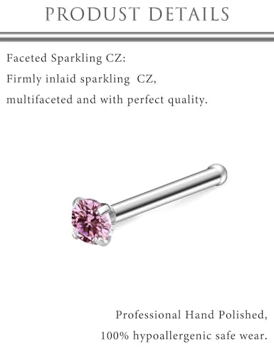 Hoeudjo Hypoallergenic Nose Rings Studs 24G Surgical Stainless Steel Cubic Zirconia Nose Studs for Women Men Screw & Bone & L Shaped Nostril Piercing Jewelry with 1.5mm 2mm 2.5mm 3mm CZ - color: silvertone(pink CZ),nose bone studs