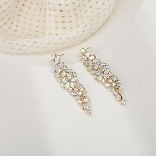 EleQueen Statement Sparkle Crystal Necklace Bracelet Dangle Earrings Set for Women, Art Deco Prom Chandelier Jewelry for Wedding Bridal - color: AB Iridescent-Gold-Plated-Base