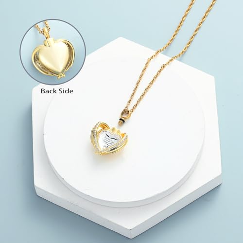 shajwo Cremation Heart Urn Necklace Ashes Jewelry for Women Men Keepsake Pendant Memorial Locket Ash Holder - color: Wing-G White