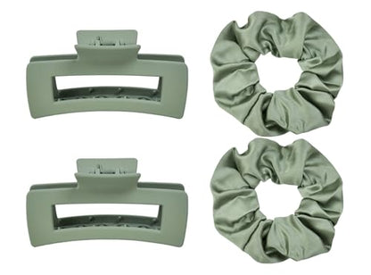 Claw Clips and Scrunchies Set 4pcs – 2 Medium Hair Clips, 2 Satin Scrunchies, Non-Slip Matte Square Hair Claws, Hair Accessories for Back to School, Birthday Gift, Daily Use, Sage Green - color: Sage Green