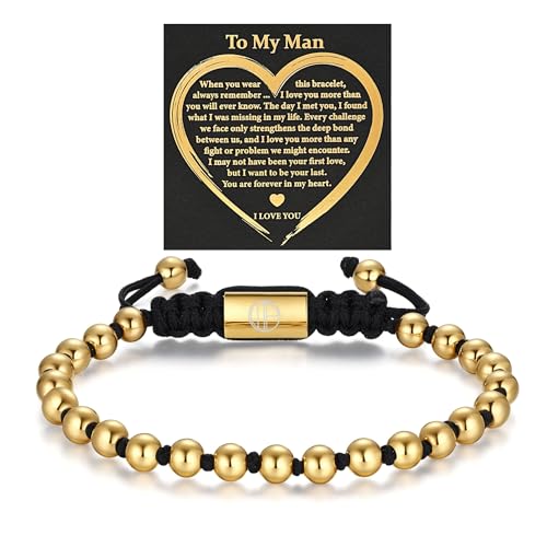 18K Gold-Plated Bracelets for Men Franco Link Chain Adjustable | Stainless Steel Bracelet, Gold Beads Bracelet, Handcrafted Braided, Mens Jewelry Birthday Gift for Men - color: Black with Gold Card Man