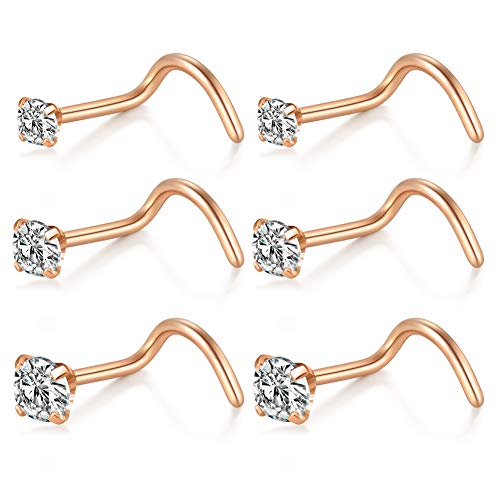 Briana Williams 20G Nose Screw Studs - Surgical Steel Nose Rings, 1.5mm, 2mm, 2.5mm CZ Inlaid Opal Nostril Piercing Jewelry - color: A -rose gold, 1.5mm 2mm 2.5mm clear CZ