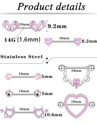 7 Pairs Nipple Rings for Women 14G Stainless Steel Pink CZ Heart Devil Acrylic Ball Straight Barbell Nipple Bars Tongue Rings Set Cute Nipplerings Piercing Jewelry Sliver Tone - color: Pink