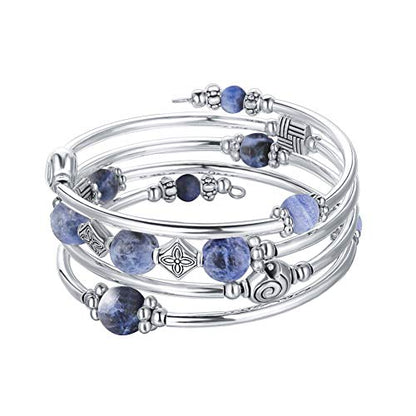 Beaded Pearl Bangle Wrap Bracelet - Fashion Bohemian Jewelry Multilayer Charm Bracelet with Thick Silver Metal Beads, Gift For Women - color: Navy Blue