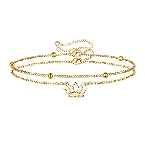 Dainty Gold Bracelets for Women, 14K Gold Plated Adjustable Layered Beads Bracelet Cute Evil Eye Oval Chain Pearl Bar Turtle Gold Bracelets for Women Jewelry - style: Lotus&Beads Chain