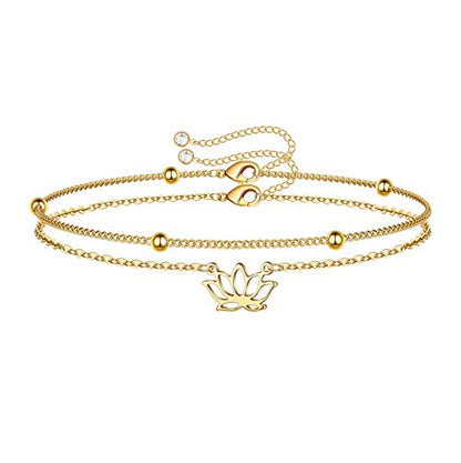 Dainty Gold Bracelets for Women, 14K Gold Plated Adjustable Layered Beads Bracelet Cute Evil Eye Oval Chain Pearl Bar Turtle Gold Bracelets for Women Jewelry - style: Lotus&Beads Chain