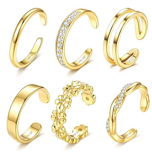 Besteel 6 PCS Toe Rings for Women - 14K Gold Filled Non Tarnish Waterproof | Adjustable Silver Toe Ring Simple Open Band Hug CZ Chunky Flower Toe Rings Set Trendy Summer Beach Foot Jewelry for Women - style: Gold: twist&flower toe ring