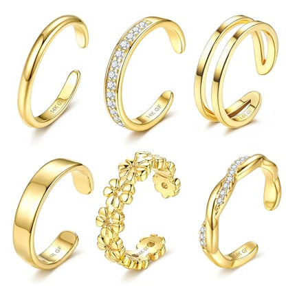 Besteel 6 PCS Toe Rings for Women - 14K Gold Filled Non Tarnish Waterproof | Adjustable Silver Toe Ring Simple Open Band Hug CZ Chunky Flower Toe Rings Set Trendy Summer Beach Foot Jewelry for Women - style: Gold: twist&flower toe ring
