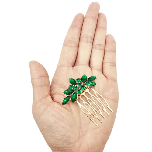 Bridal Crystal Hair Piece with Comb 3 Pieces Small Rhinestone Wedding Gold Hair Pins Accessories for Women Girls (Green) - color: Green