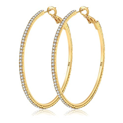925 Sterling Silver Earrings Large Rhinestone Hoop Earrings Big Cubic Zirconia Hoop Earrings Thin Rhinestones Round Hoop Earrings for Women 20/30/40/50/60/70mm Sparkly Hoops With Crystals for Womens - color: Gold,50mm
