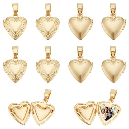 UNICRAFTALE 12Pcs Heart Charms Real 18K Gold Palted Locket Photo Frame Charms Love Dangle Charms Metal Memorial Charms with Pinch Bails Memory Necklace Making for Mother's Day Gift