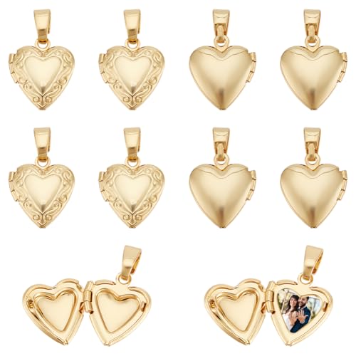 UNICRAFTALE 12Pcs Heart Charms Real 18K Gold Palted Locket Photo Frame Charms Love Dangle Charms Metal Memorial Charms with Pinch Bails Memory Necklace Making for Mother's Day Gift