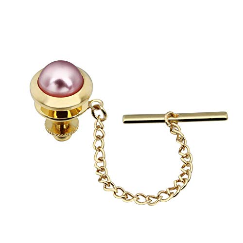 AMITER Crystal/Pearl Tie Tack with Chain, Gold Mens Tie Pin Necktie Pins Lapel Pin for Wedding Birthday Anniversary Party - color: 24k Gold+Pink Imitation Pearl