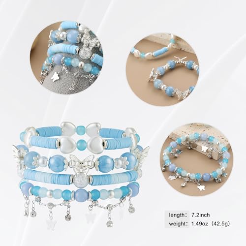 Besydec Stackable Boho Beaded Bracelets With Natural Stone & Pearl Heart & Clay Beads for Women,Adjustable Silver Jewelry - color: Blue