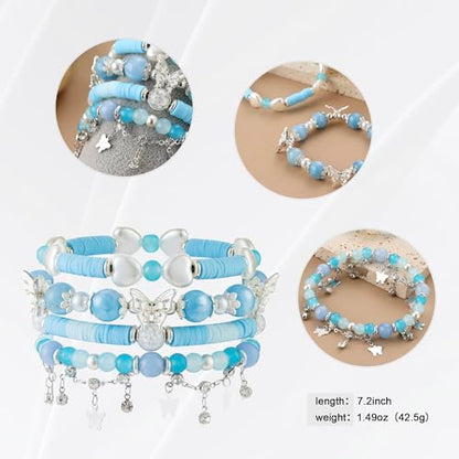 Besydec Stackable Boho Beaded Bracelets With Natural Stone & Pearl Heart & Clay Beads for Women,Adjustable Silver Jewelry - color: Blue