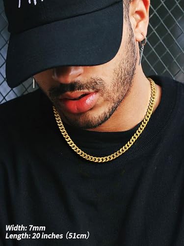 FindChic Men Curb Chain Necklace 18K Gold Plated/Stainless Steel/Black Chunky Double Tight Cuban Link Hip Hop Neck Chains for Men Boys 3.5MM/5MM/6MM/7MM/9MM/12MM 14''-30'' 8 Length Options (Send Gift Box) - color: E.7mm Width-Gold, size: 28 inches